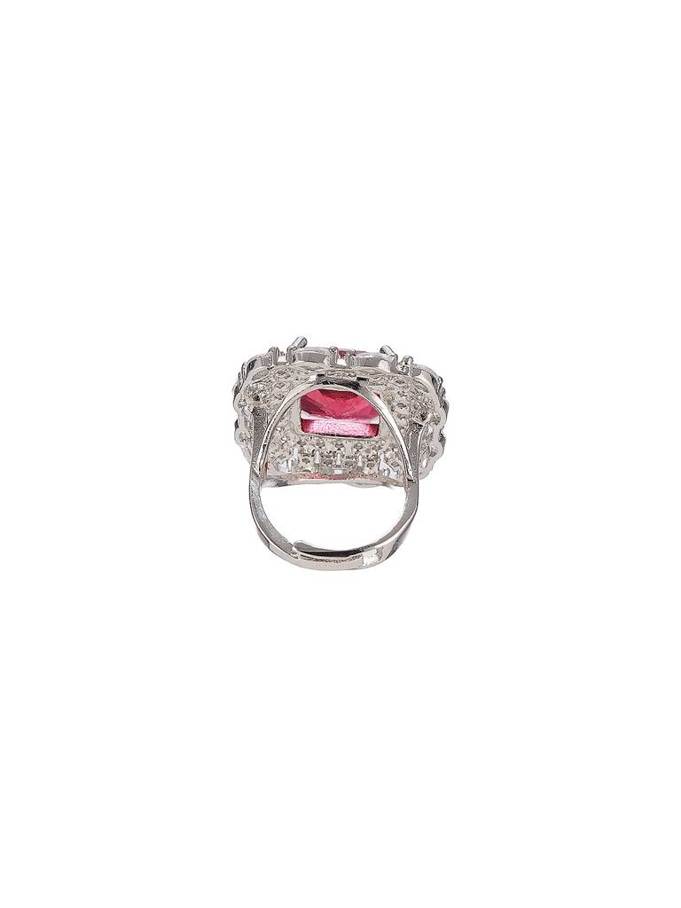 Silver Toned Ruby Red  Zircon Embedded Statement Adjustable Finger Ring : SJRG2885
