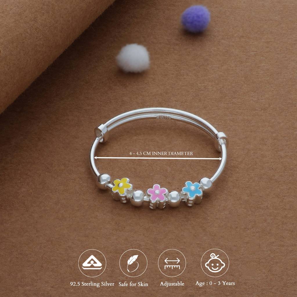 Iyal Rainbow Bloom Kid Silver Bangles (0-3 Yrs) | 999 Hallmark | Adjustable Kid Bangle | Daily Wear : KB-CC-RH-A-153-P