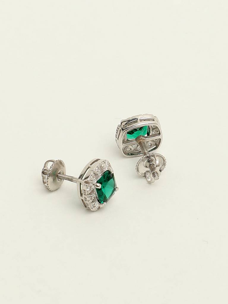 92.5 Sterling Silver Rhodium Plated Swiss Zirconia Dark Green Cushion Stud Earrings With Screw Back Gift For Wo : CSCLRE2CU_EM