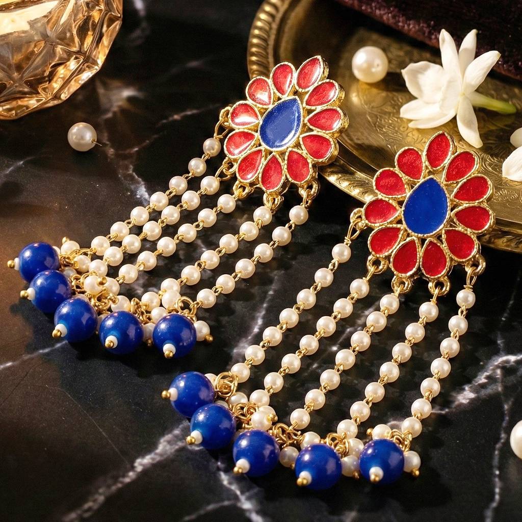 Gold-Plated Enamel Floral Long Earrings With Moti Layers And Blue Beads Earring : 354-KEO-13113-RB