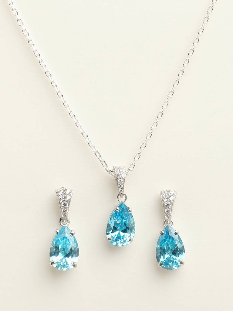 92.5 Sterling Silver Rhodium Plated Swiss Zirconia Sky Blue Tear Drop Pendant Earring Chain Jewellery Set Gif : CSCLRP4E4PR_BT