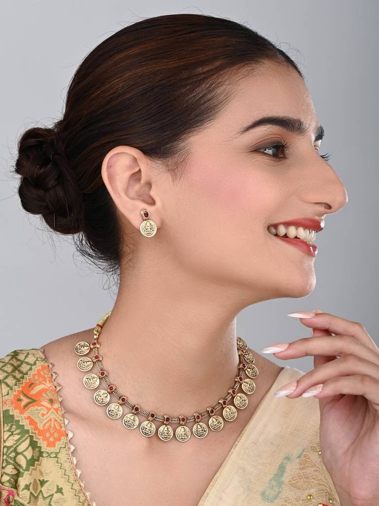 Gold Plated Laxmi Coin Necklace Set : S24MRNKS490GLD