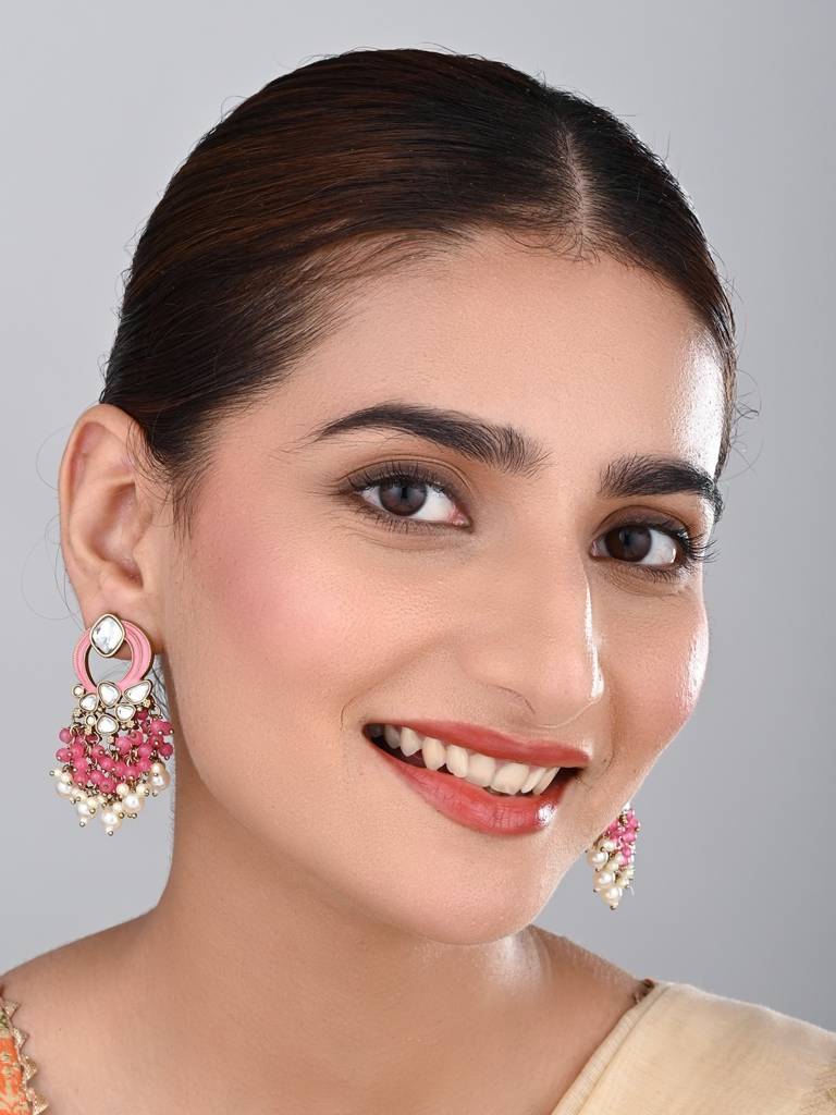 Gold-Plated Meenakari Stud Earrings With Kundan & Pearl Cluster Drops : S24FAER408PNK