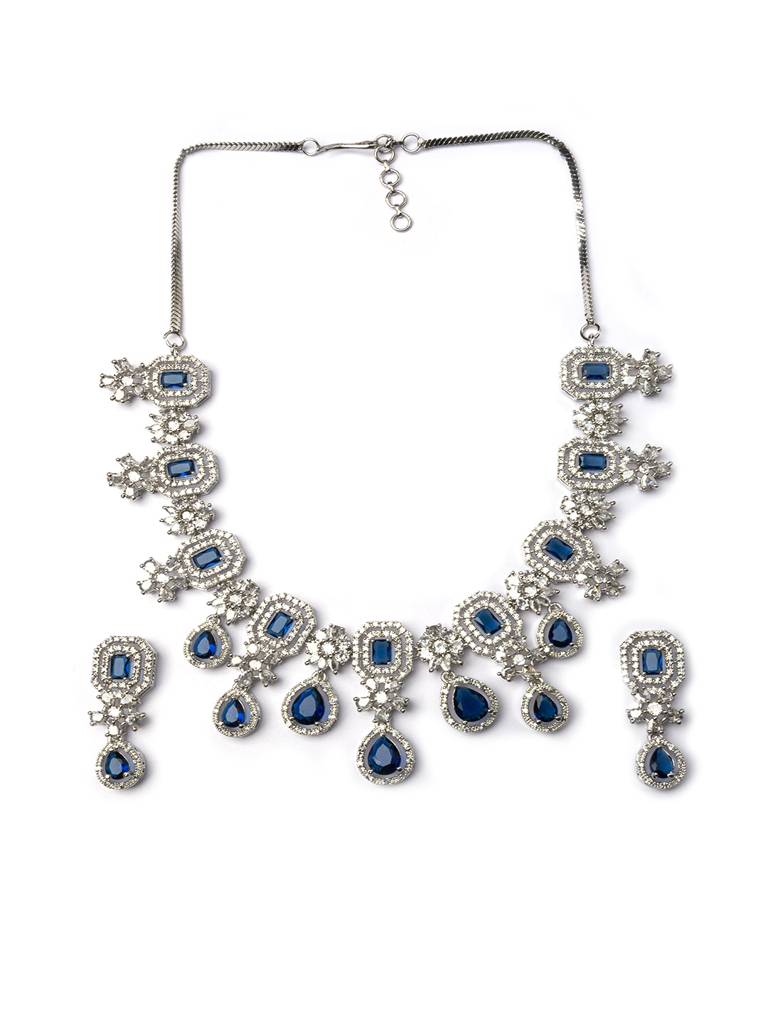 Silver Plated Brass Luxury American Diamond Necklace Set : AD136BLUE