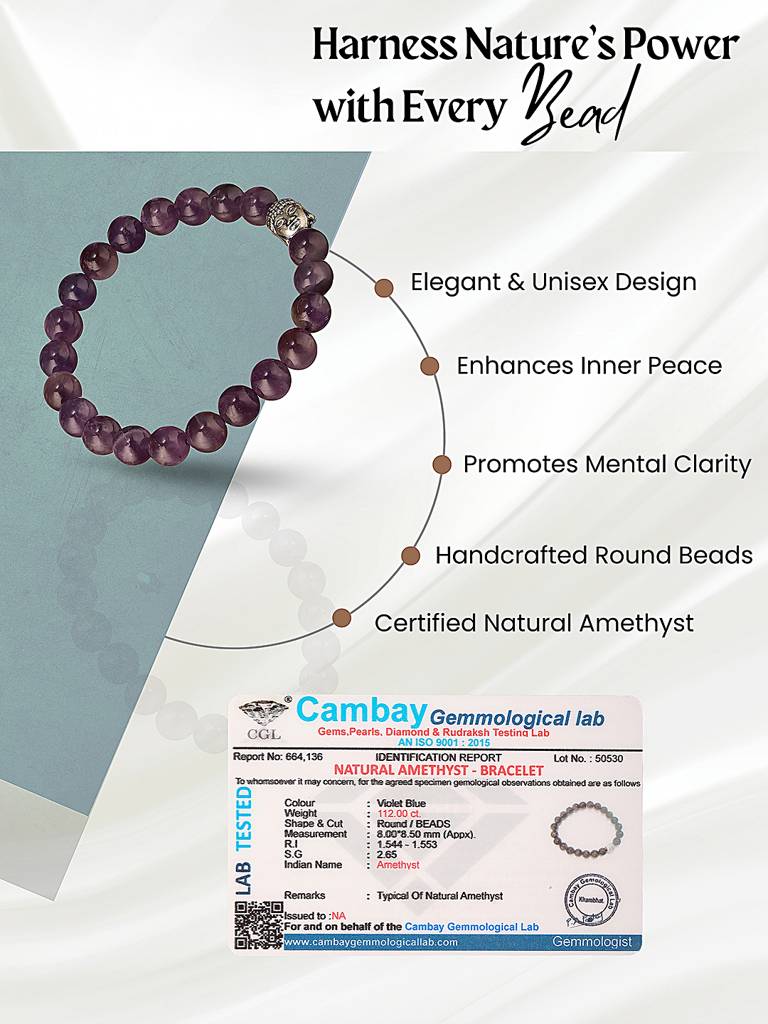 Natural Amethyst Stone Bead Bracelet For Positive Energy & Balance : STBR8222