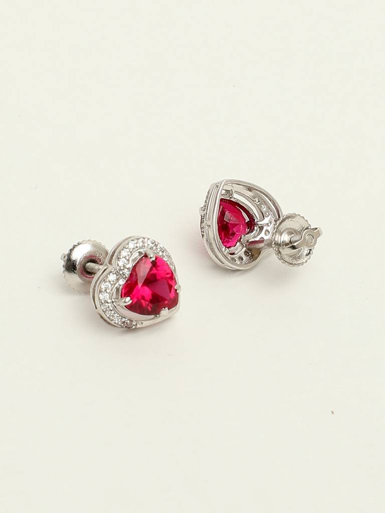 92.5 Sterling Silver Rhodium Plated Swiss Zirconia Blood Red Heart Stud Earrings With Screw Back Gift For Women : CSCLRE1HT_RU