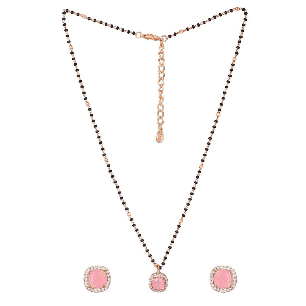 Estele Rose Gold Plated Cz Dazzling Mangalsutra Necklace Set With Mint Pink Stones For Women