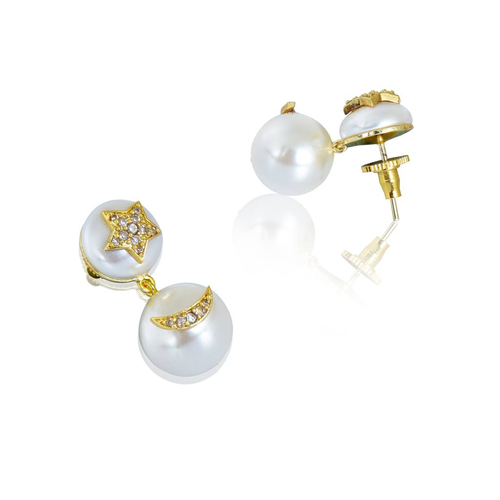 Star And Half Moon Pearl Earrings : IE895