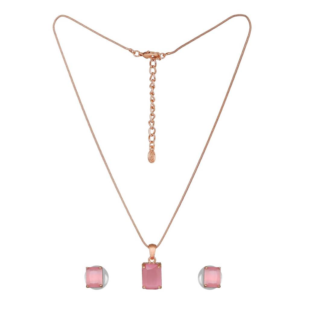 Estele Rose Gold Plated Cz Square Designer Pendant Set With Mint Pink Stones For Women