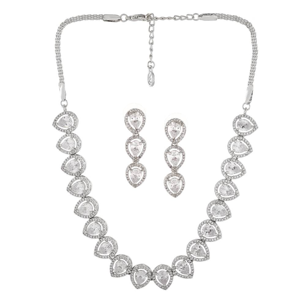 Estele Rhodium Plated Cz Precious Pears Necklace Set For Women