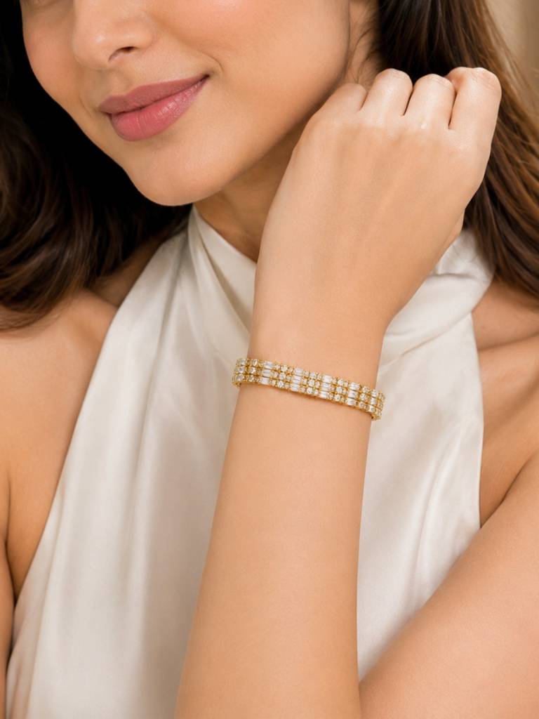 18K Gold Plated Triple Row Baguette Cz Tennis Bracelet : AKBR022