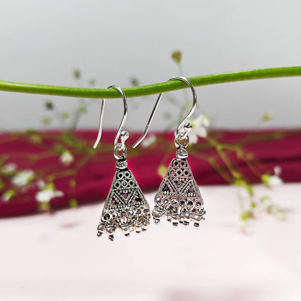 925 Silver Oxidised Silver Triangular Jhumki : IS-ER-DP-1131