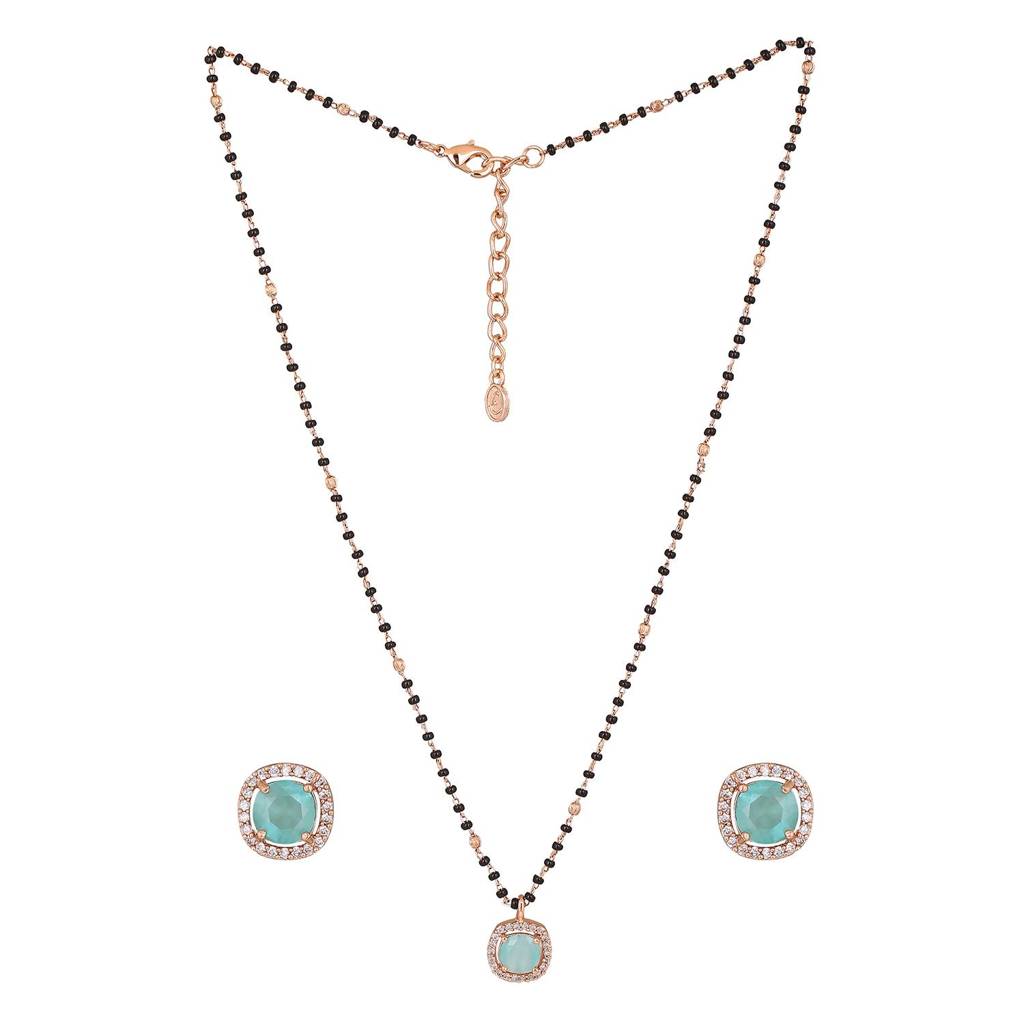 Estele Rose Gold Plated Cz Sparkling Mangalsutra Necklace Set With Mint Green Stone For Women