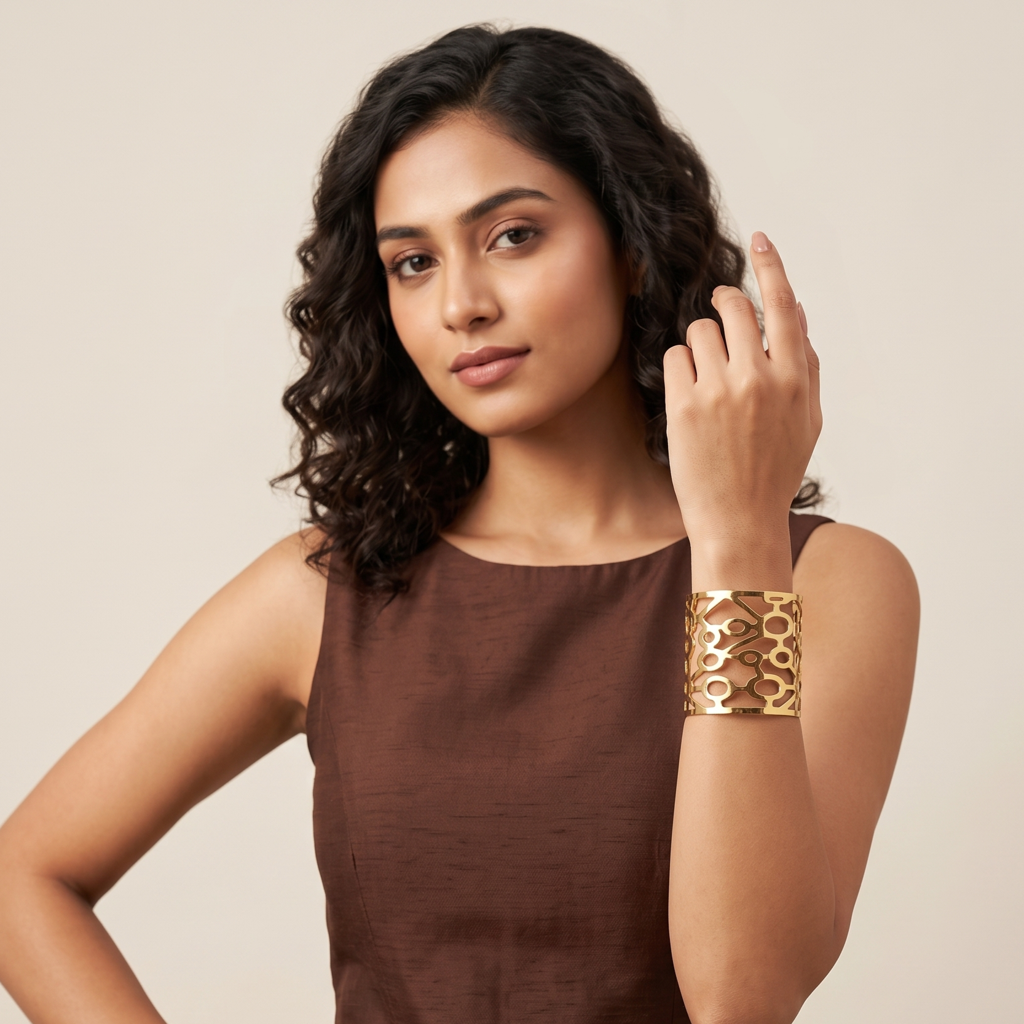 Gold Toned Brass Web Cutout Cuff Bangle : SCDELBG0502