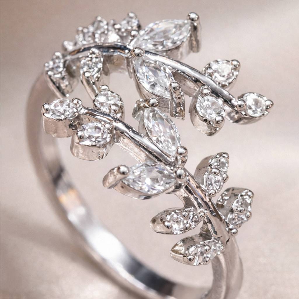 Sliver- Tone Delicate Crystal Floral Vine Anti-Tarnish Ring : HSPS60MB1703