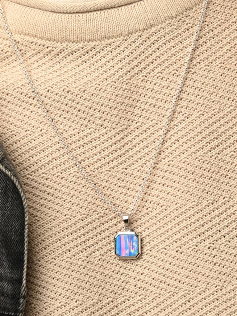 925 Silver Platinum Plated Swiss Zircon Created Opal Men Pendant Necklace With Chain Gift For Men & Boys : CSMNP23