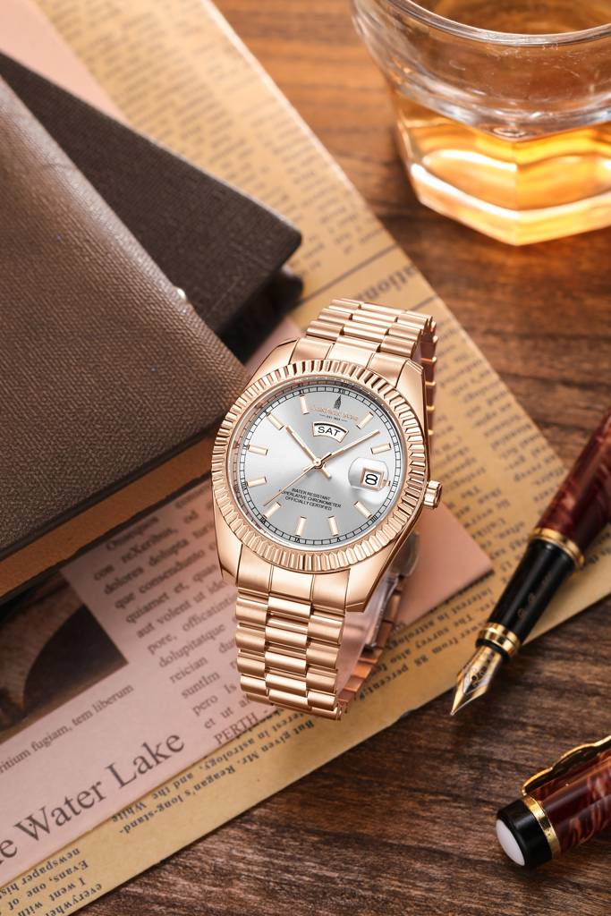 Oxford Collection Analog Quartz Watch For Men With Stainless Steel Strap, Fluted Metal Case, Day & Date Display, : LFM10001-44