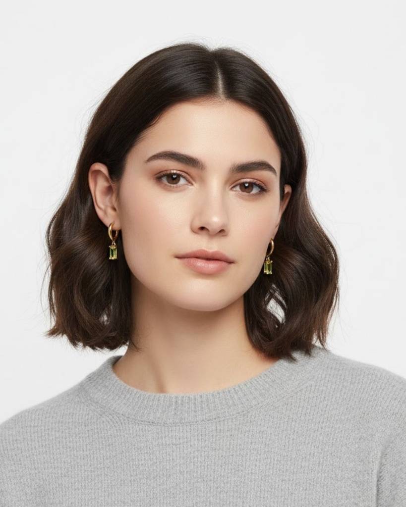 Birthstone Earrings For Women | Premium Baguette Huggies | August: Peridot : CJST201141408HS