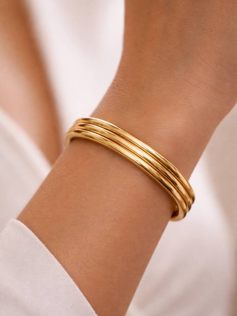 Triple Line Plain Gold Cuff Bracelet | Everyday Stackable Bangle : ATB685TLPC