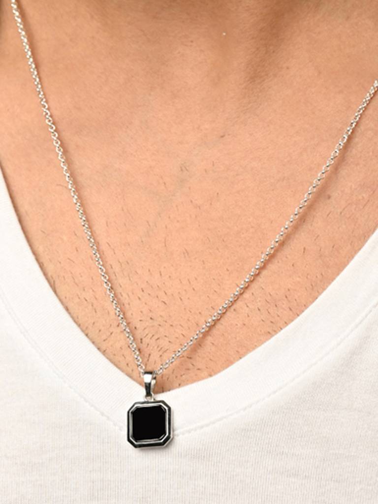 925 Silver Platinum Plated Swiss Zircon Black Onyx Men Pendant Necklace With Chain Gift For Men & Boys : CSMNP22