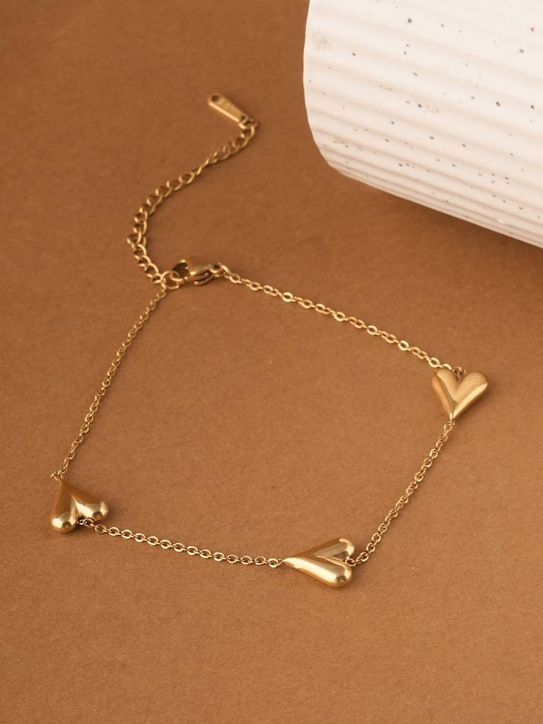 Palmonas Heart Trio Gold Anklet For Women - Waterproof & Anti-Tarnish : SSWAN0022