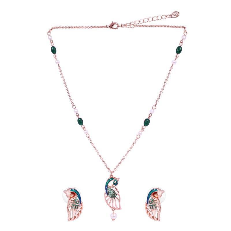 Premium Rose Gold Plated Green Beaded & Cz Peacock Pendant Set|Occasion Wear : AD-926-RGGNPDER