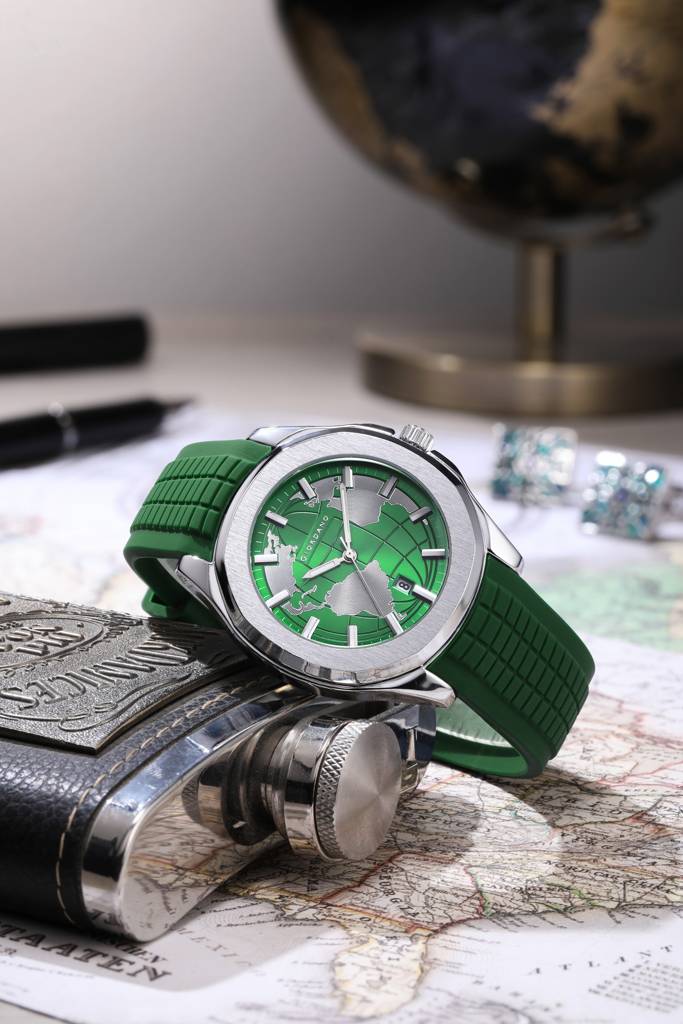 Stylish World Map Design Analog Watch For Men With Silver Case Round Dial, Textured Silicone Strap, Water Resist : GZ-50147-05