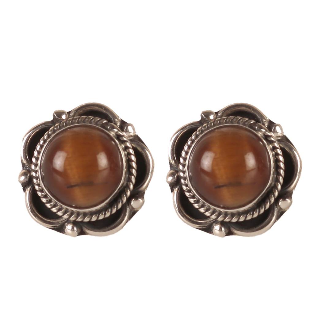 925 Sterling Silver Flower Shaped Tiger Eye Eartops - Elegant Boho-Chic Jewelry For Women : FU-0155-5