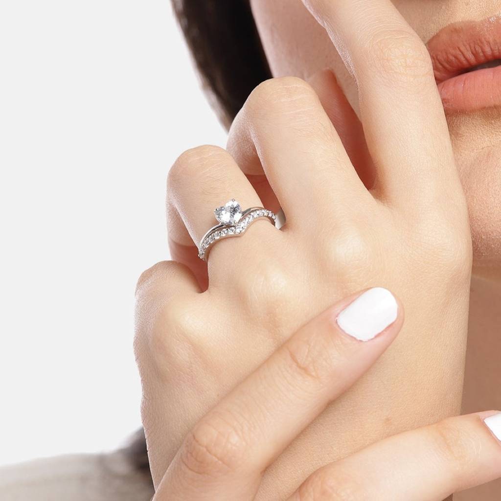 Shimmering Love Rhodium-Plated Heart Cz 925 Sterling Silver Ring (Adjustable) : RNG-40251-R