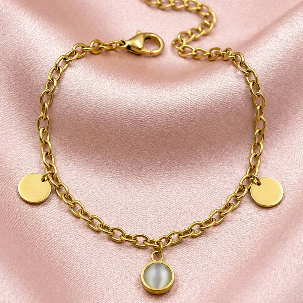 Minimalist Gold Coin & Pearl Charm Anti-Tarnish Bracelet : JW-HSPS60MB2074