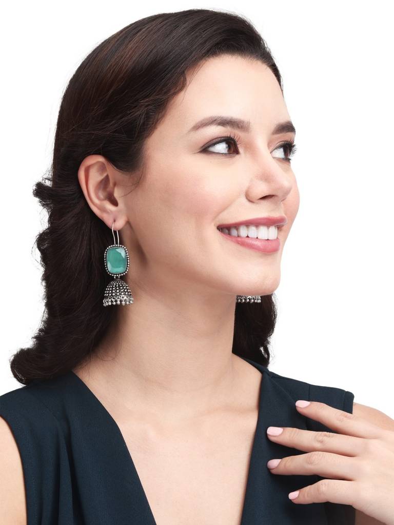 Oxidised Silver Cabochon Jhumka Drops : F23MHER014MNT
