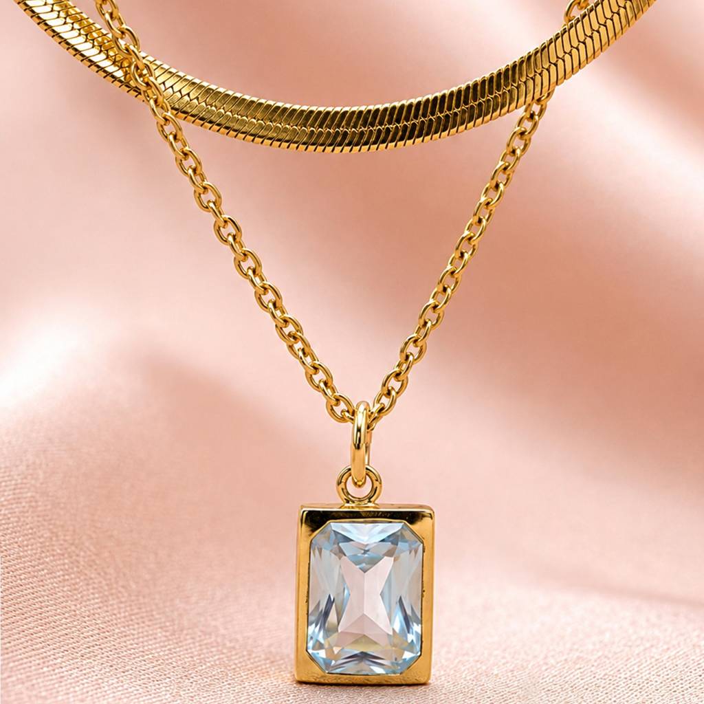 Dual Layer Crystal Bar Anti-Tarnish Pendant Necklace : JW-HSPS60MB2097