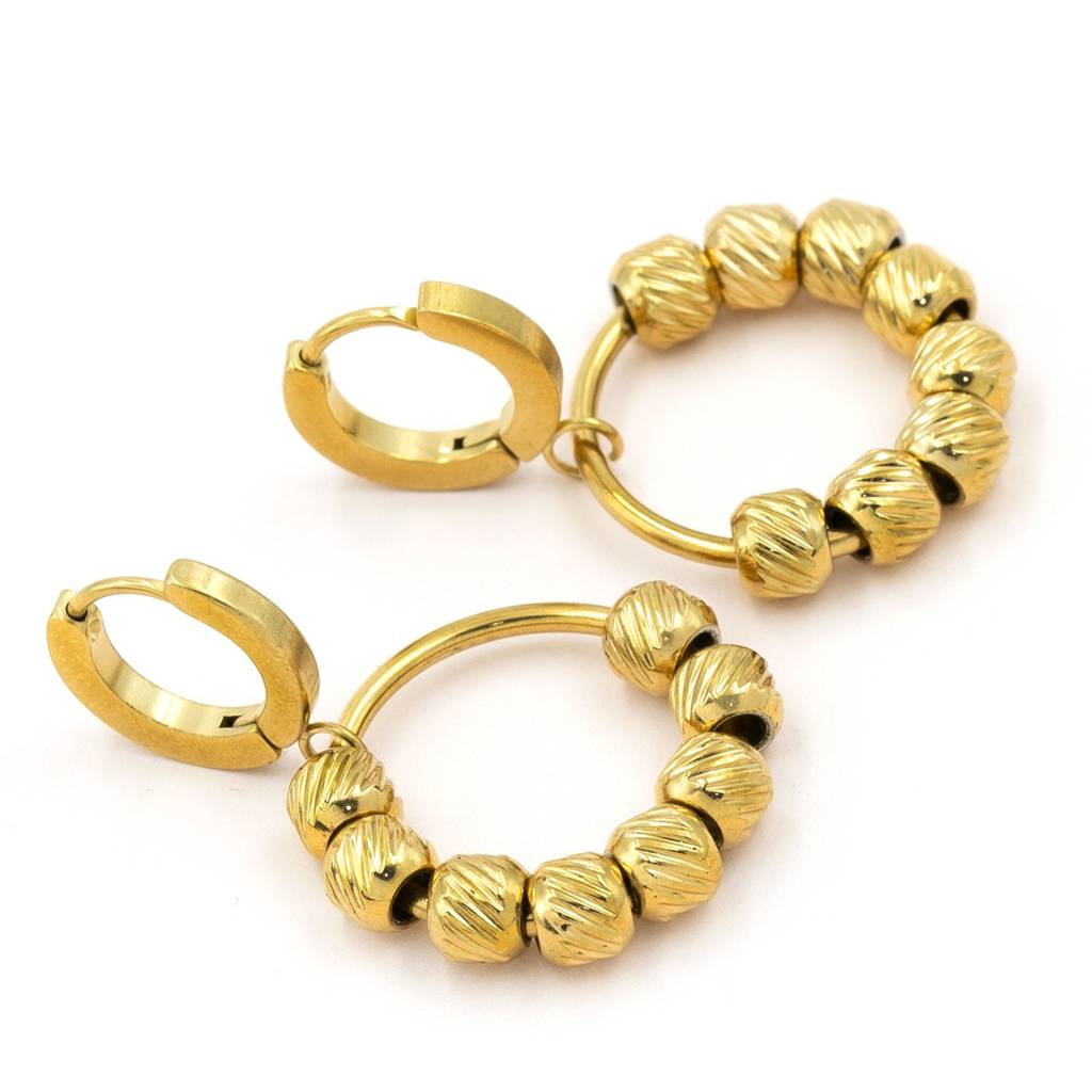 Textured Bead Hoop Anti-Tarnish Earrings For Women : HSPS60MB1032