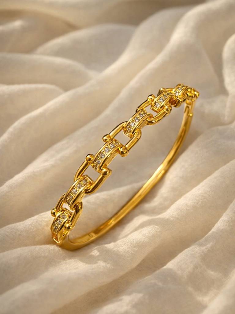 Gold Chain Link Cz Studded Bracelet | Anti-Tarnish Everyday Jewelry : ATB784CLSB