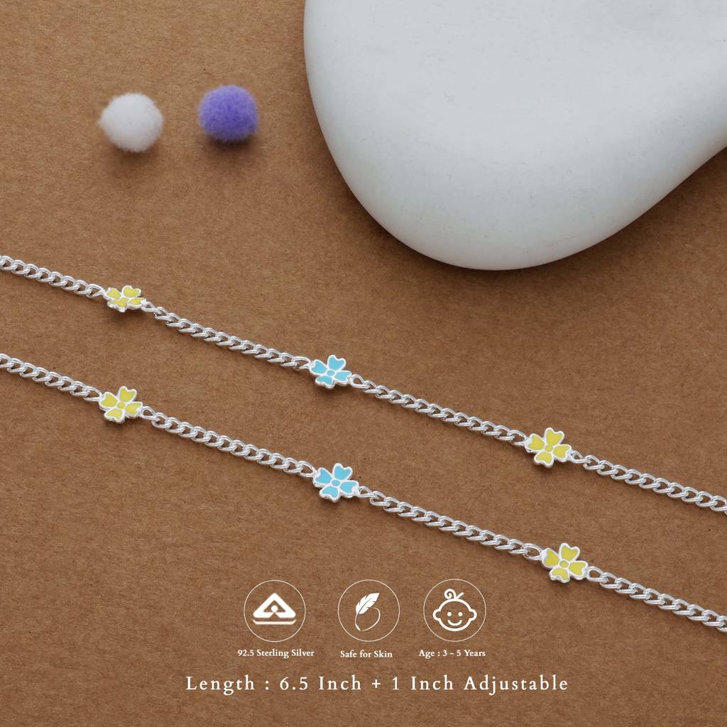 Yellow & Blue Flower Charm 925 Silver Kid Anklet : KA-KC-RH-R-198-P