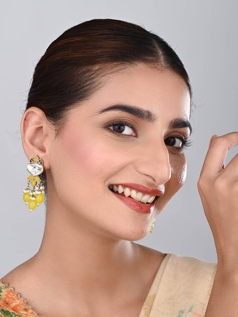 Gold Plated Kundan & Pearl Drop Earrings : S24FAER410YLW