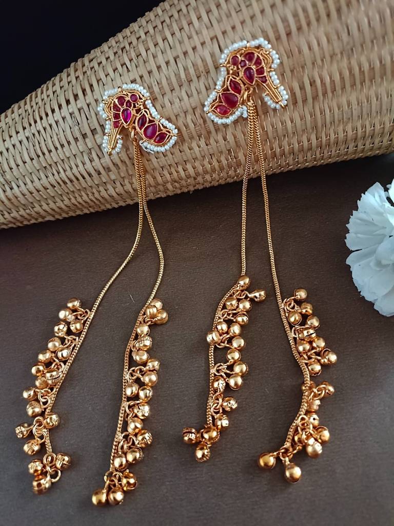 Gold-Plated Kundan Studded & Ghungroo Beaded Tasselled Peacock Kashmiri Drop Earrings : VS105309