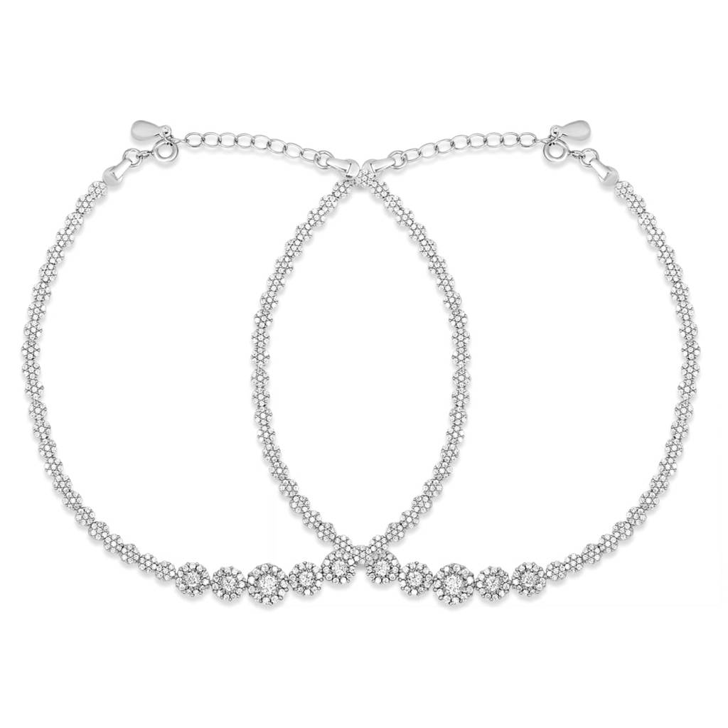 Glimmering Fusion Floral Cz Rhodium Plated 925 Sterling Silver Anklet : ANK-60268-PAIR-R