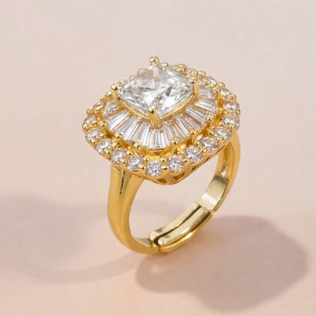 Gold-Plated Regal Halo Crystal Design Anti-Tarnish Ring : HSPS60MB1501