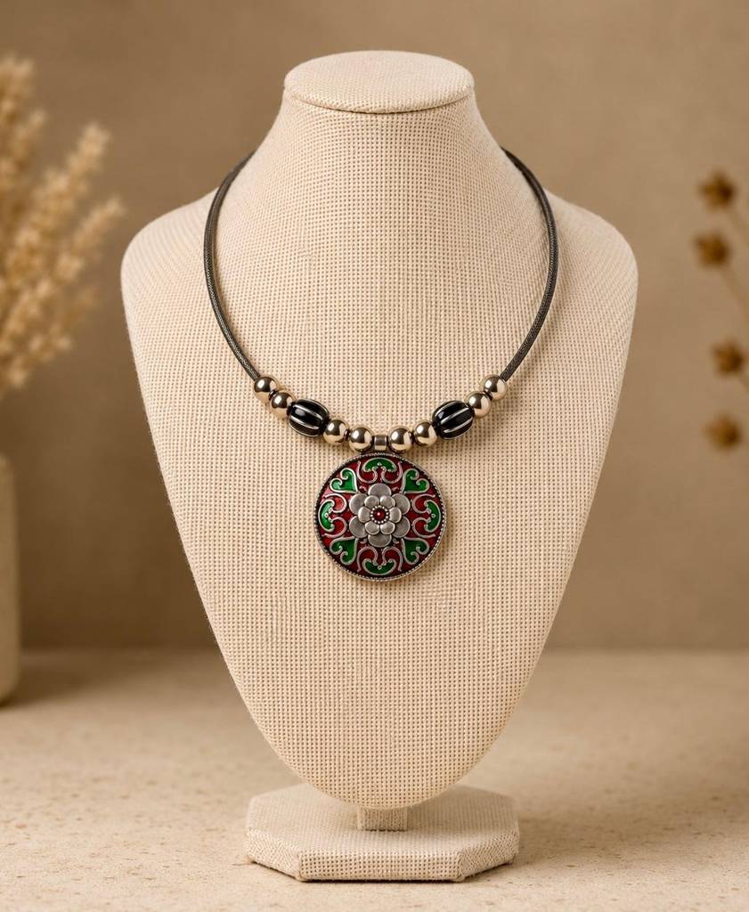 Meenal Oxidised Silver Enamel Mandala Torque Choker Necklace For Women : HM77