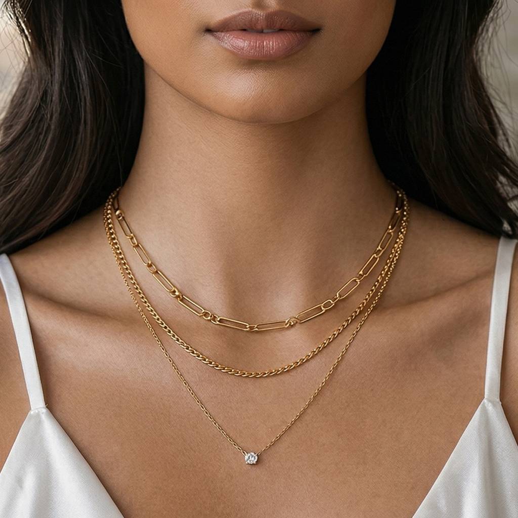 18K Gold-Plated Layered Chain Necklace With Pendant - Skin Safe, Modern Everyday Office Jewellery : 100571