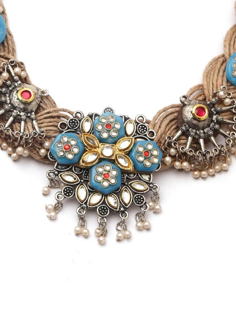 Germam Silver-Plated Kundan Studded Oxidised Necklace : VI24NK0033