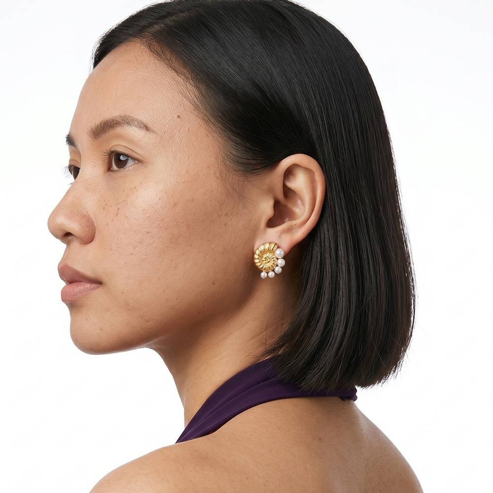 Women 18K Gold-Plated Seashell Spiral Stud Earrings With Artificial Pearls : 101167