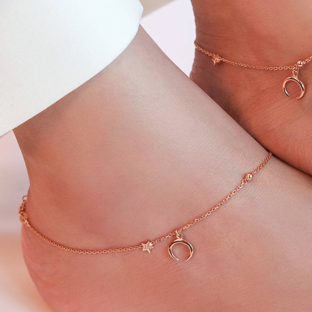 The Moon 925 Sterling Silver Anklet In Rose Gold : ANK-60058-PAIR