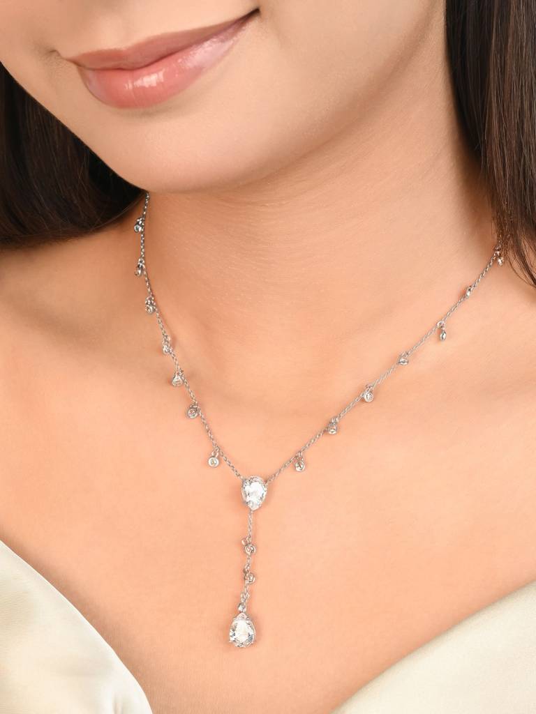 925 Silver Lariat Design With Cz Drop Accents—An Elegant Silver Necklace For Women That Highlights The Neckline Wit : EBNC1994