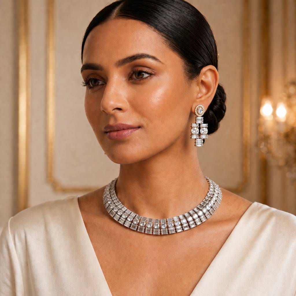 Silver & Gold Cz Baguette Collar Necklace Set With Geometric Drop Earrings : RRAPR26AID-82