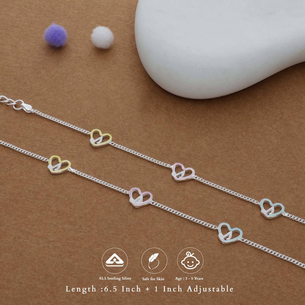 Colorful Heart Charm 925 Silver Kid Anklet (3-5 Yrs) : KA-KC-RH-R-171-P