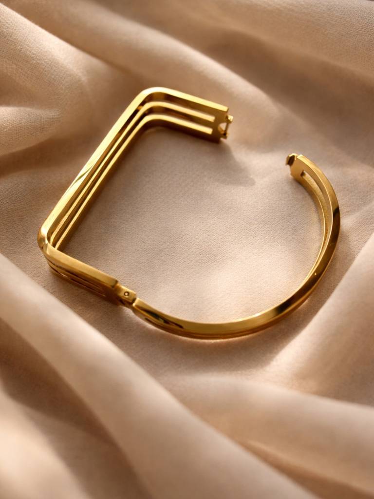 18K Gold Tri-Line Open Cuff Bracelet | Anti Tarnish Stainless Steel : ATB864TSCB