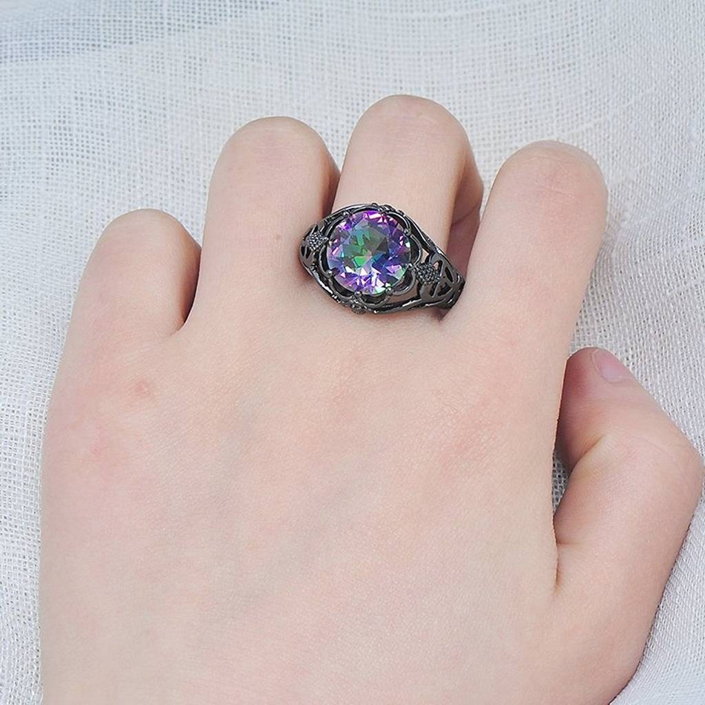 Round Cut Black Gold Mystic Big Rainbow Topaz Solitaire Ring Engagement Wedding For Women (8.0) : PX9R25-8