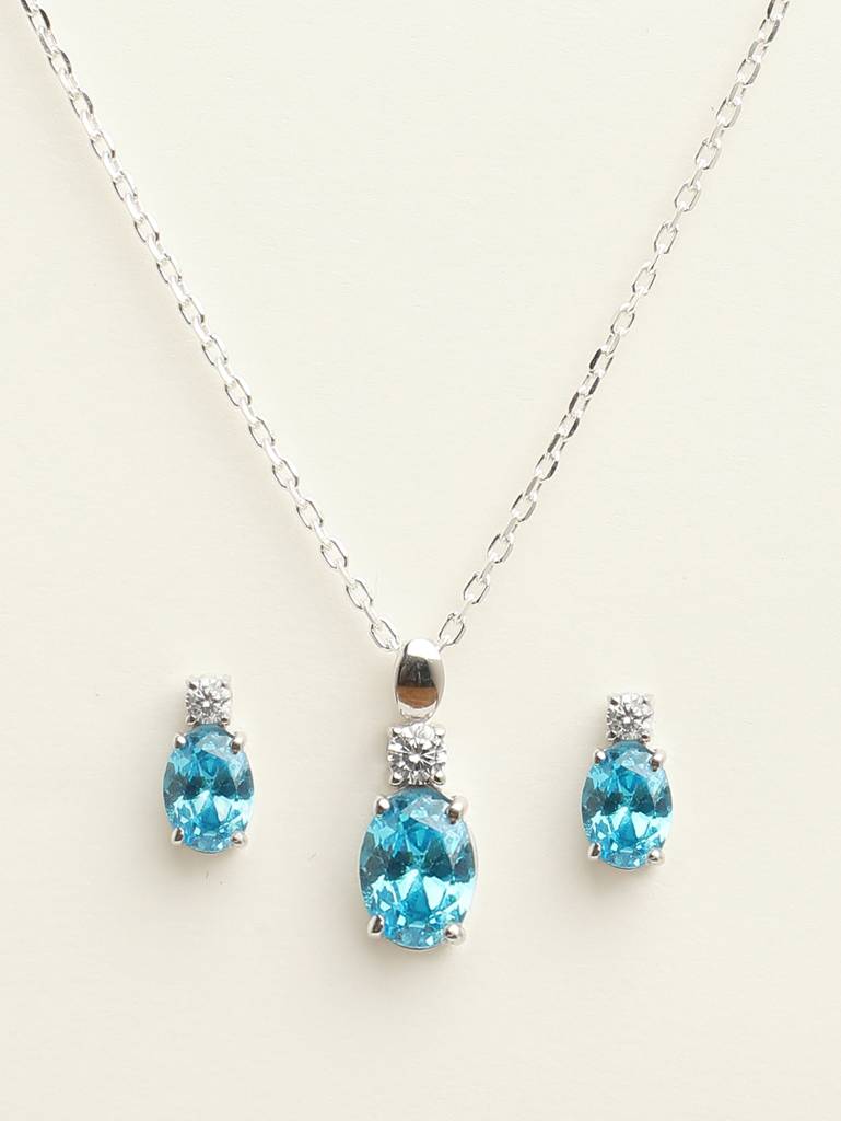 92.5 Sterling Silver Rhodium Plated Swiss Zirconia Sky Blue Oval Pendant Earring Chain Jewellery Set Gift For : CSCLRP5E5OV_BT